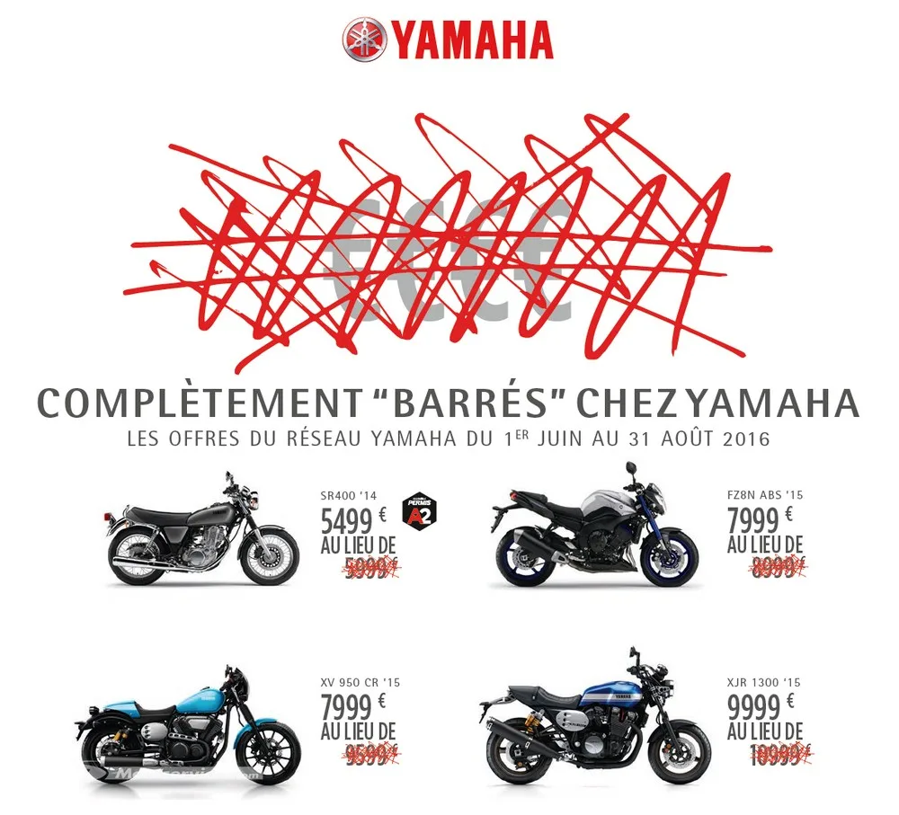 Yamaha : promos sur SR400, FZ8 ABS, XV950 Racer, XJR1300 et Tricity